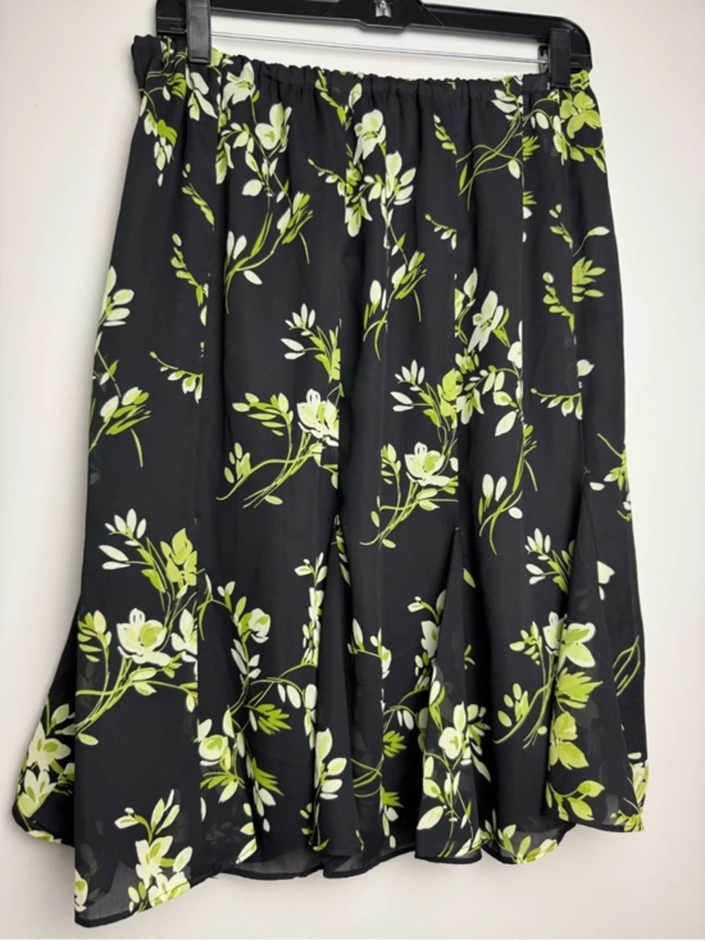 Vintage Black Skirt with Lime Green & White Floral Print